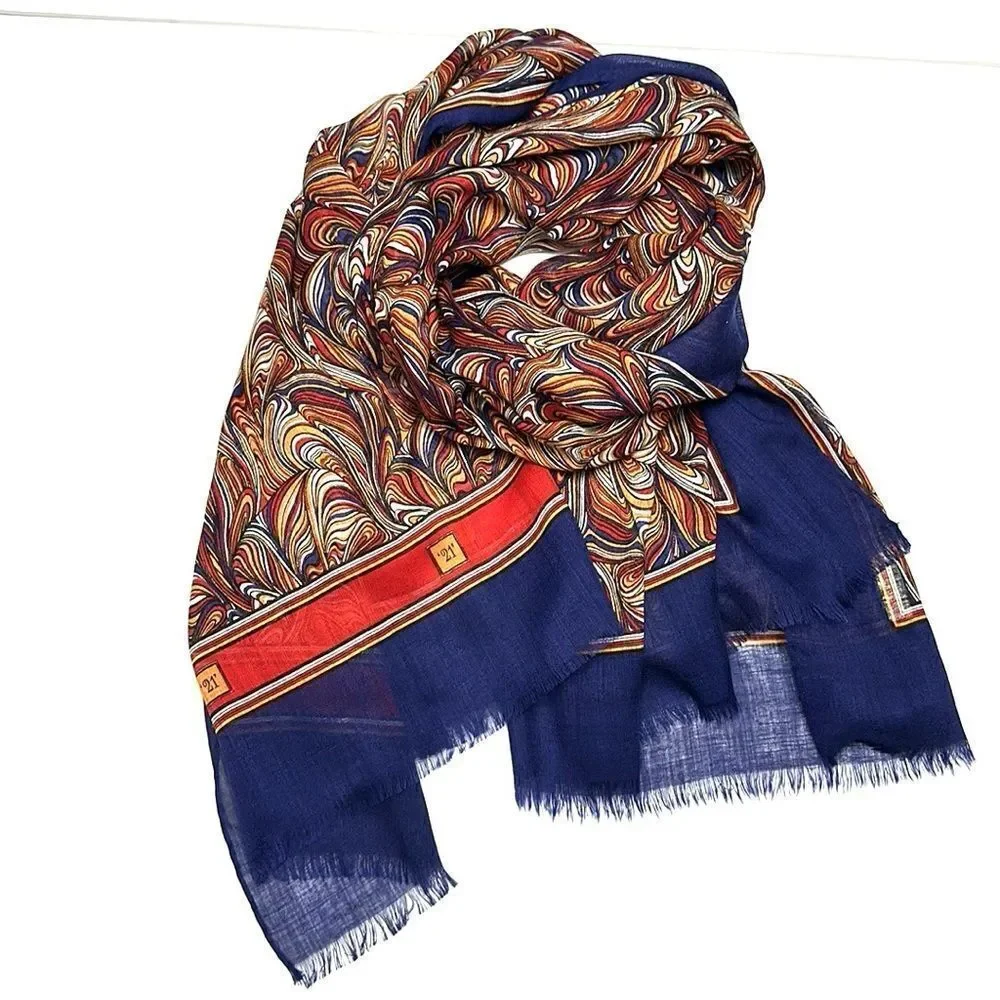 Silk Wool Large Oblong Scarf Shawl Lightweight Wrap Blue Paisley Italy